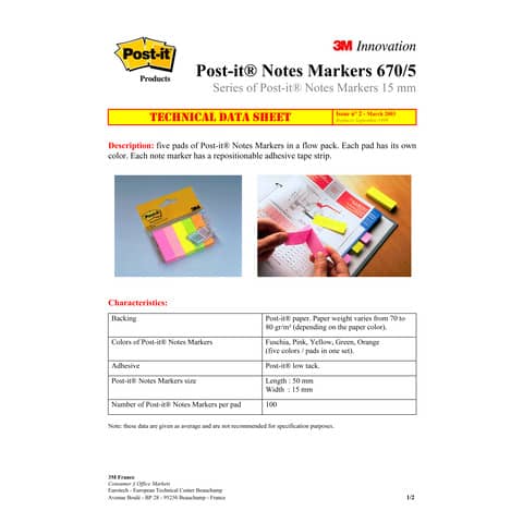 Segnapagina removibili in carta Post-it® Notes Markers neon assortiti 5 blocchetti da 100 fogli - 670-5